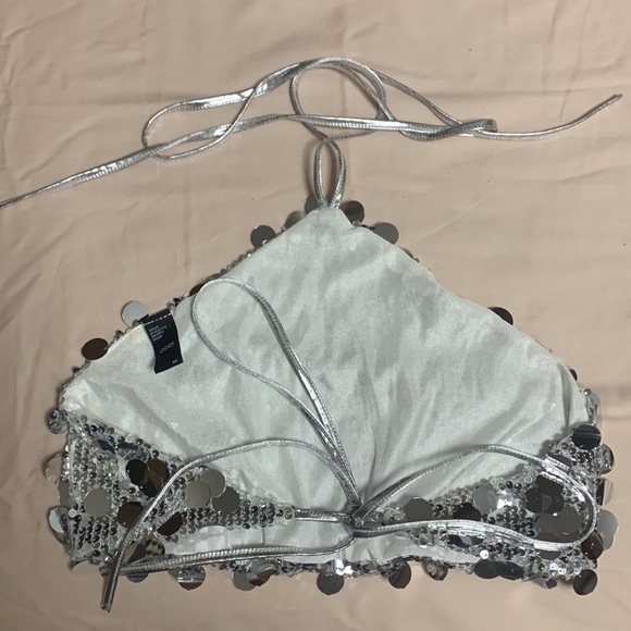 Cider Silver Paillette Sequin Halter Crop Top - Picture 3 of 4